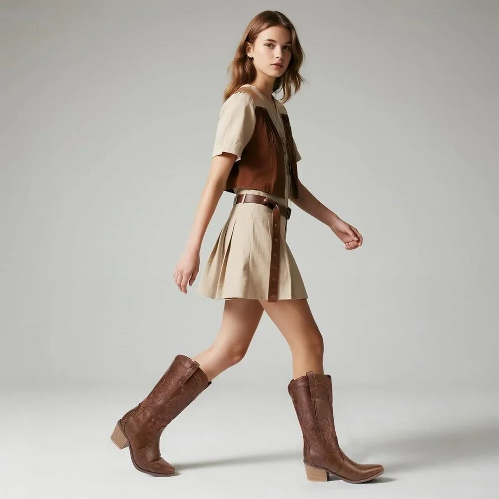 Women's Vintage Brown Pointed Toe Western Boots Embroidered Mid-calf Block Heel - Picture 3 of 7